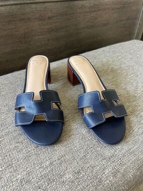 crown & ivy Navy Leather Slide Mules with Stacked Wood Heel